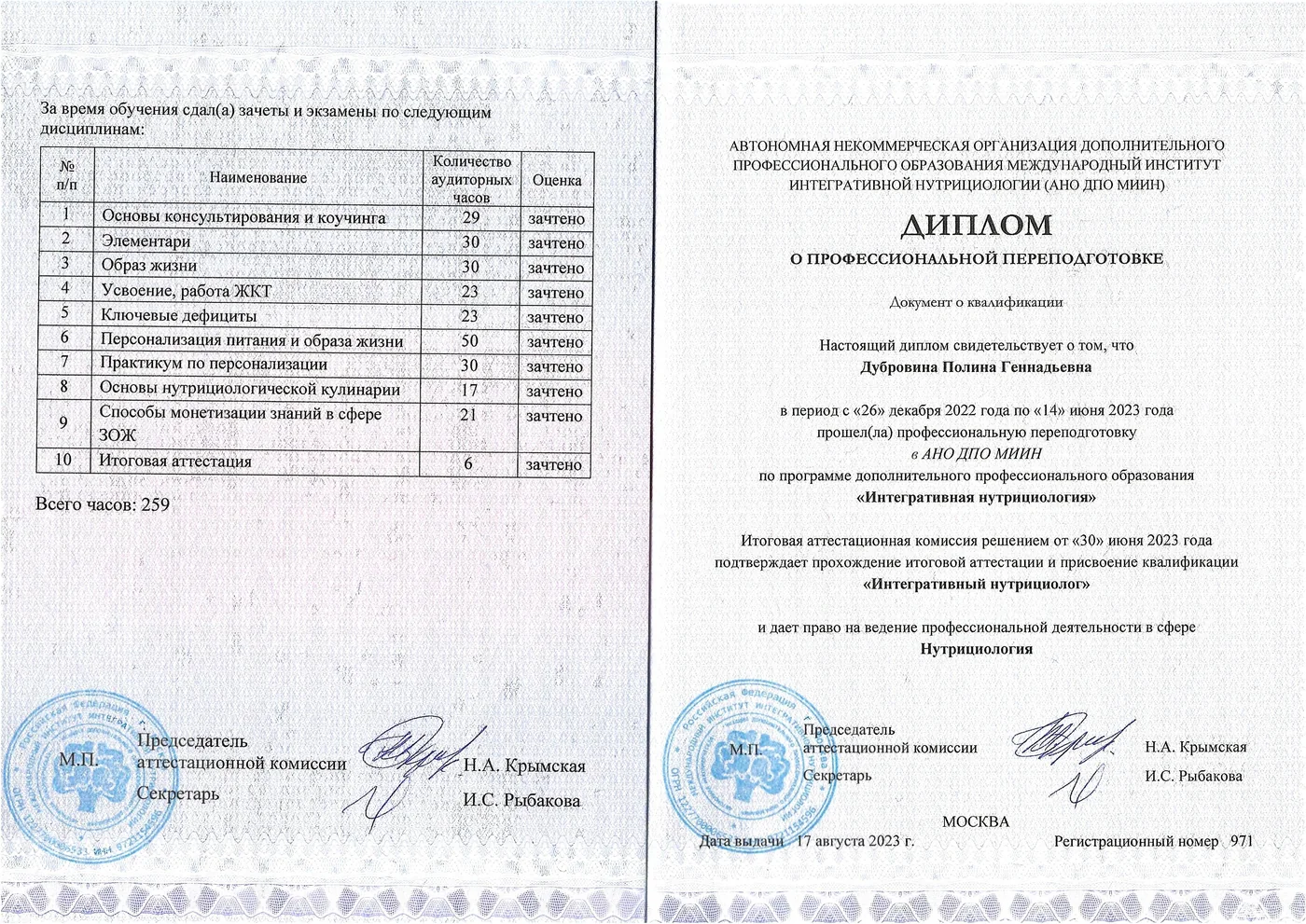 Диплом по интегративной нутрициологии