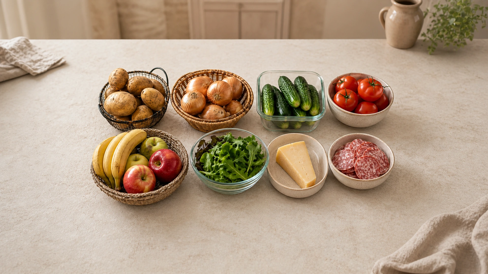 Картофель, лук, огурцы, помидоры, фрукты, зелень, сыр и колбаса в отдельных ёмкостях
