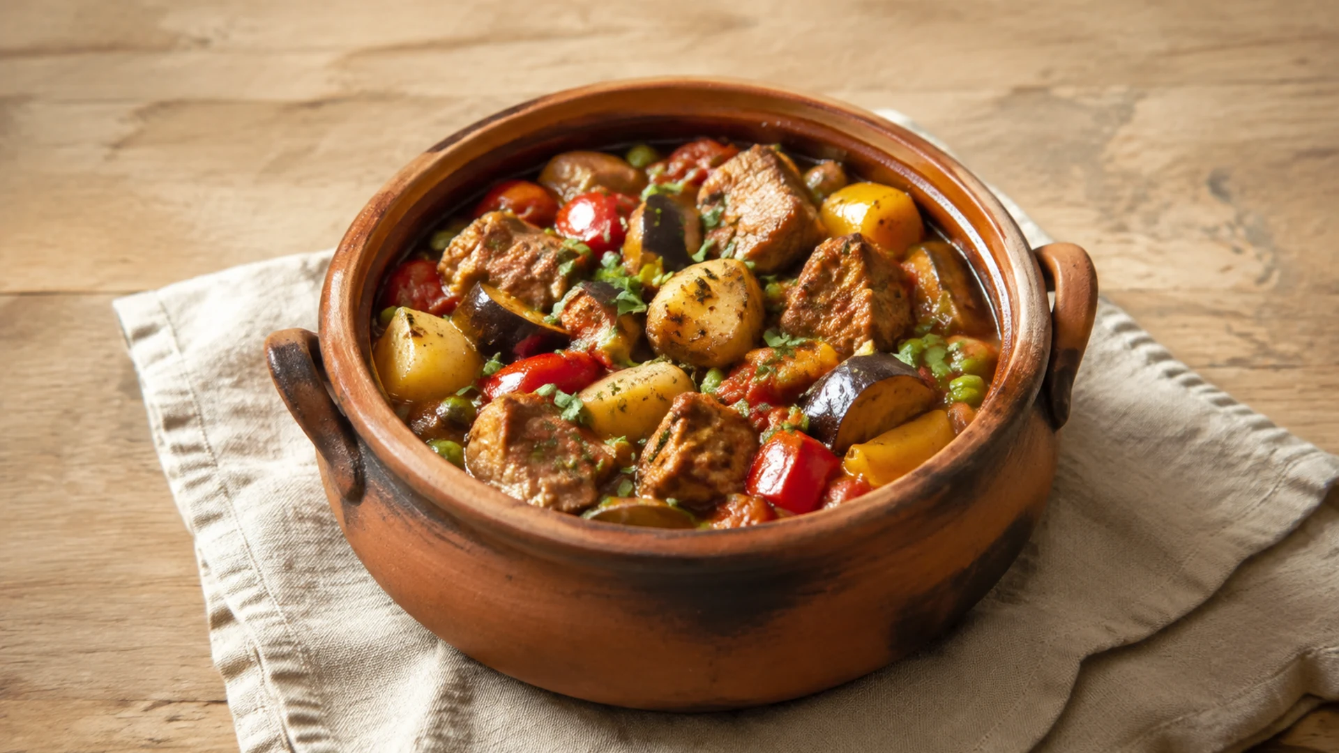 Гювеч со свининой, картофелем, баклажаном, перцем и зелёным горошком в глиняном горшочке