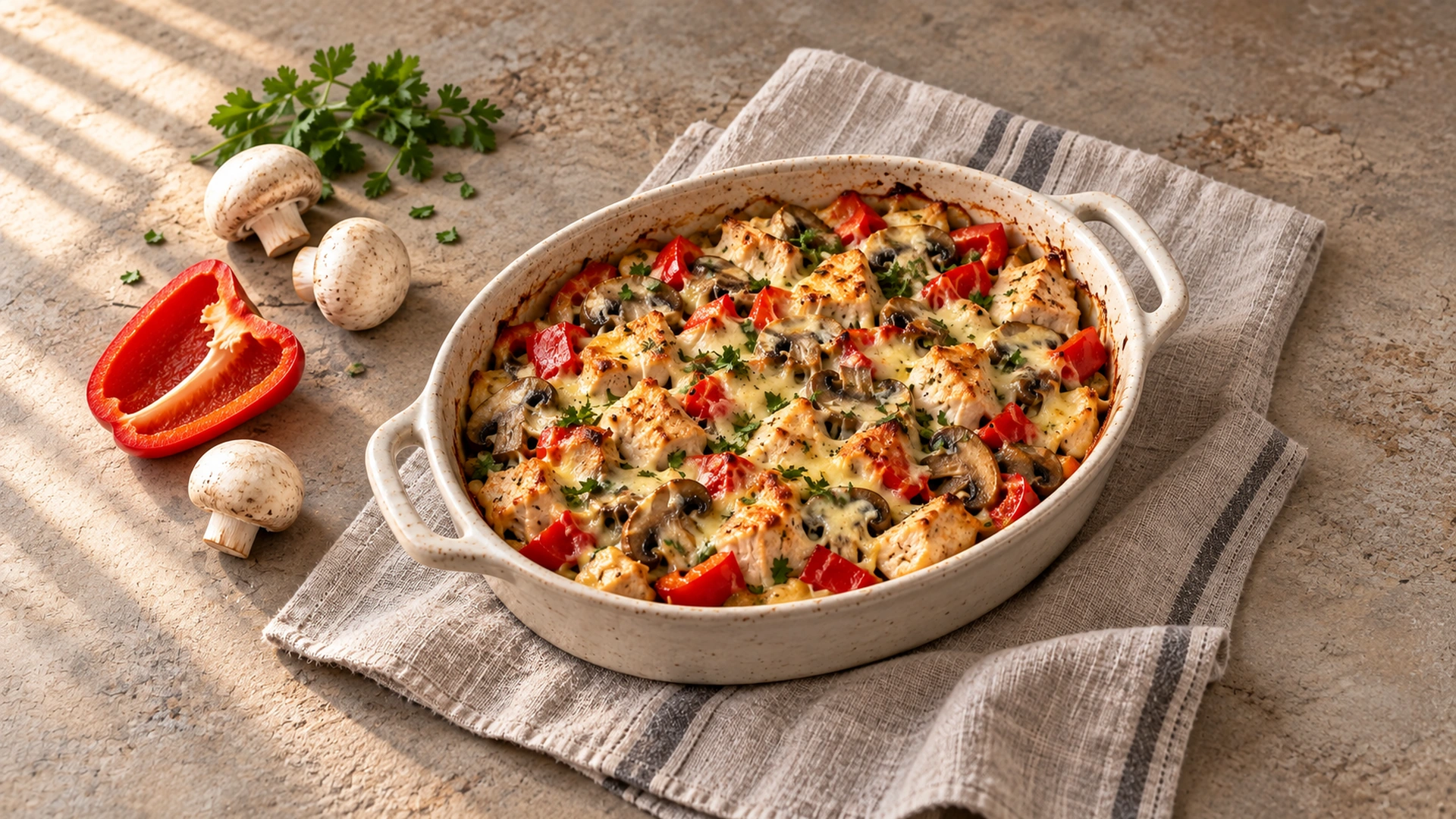 Я показываю запеканку из курицы с шампиньонами, красным перцем, сыром и зеленью в светлой овальной форме